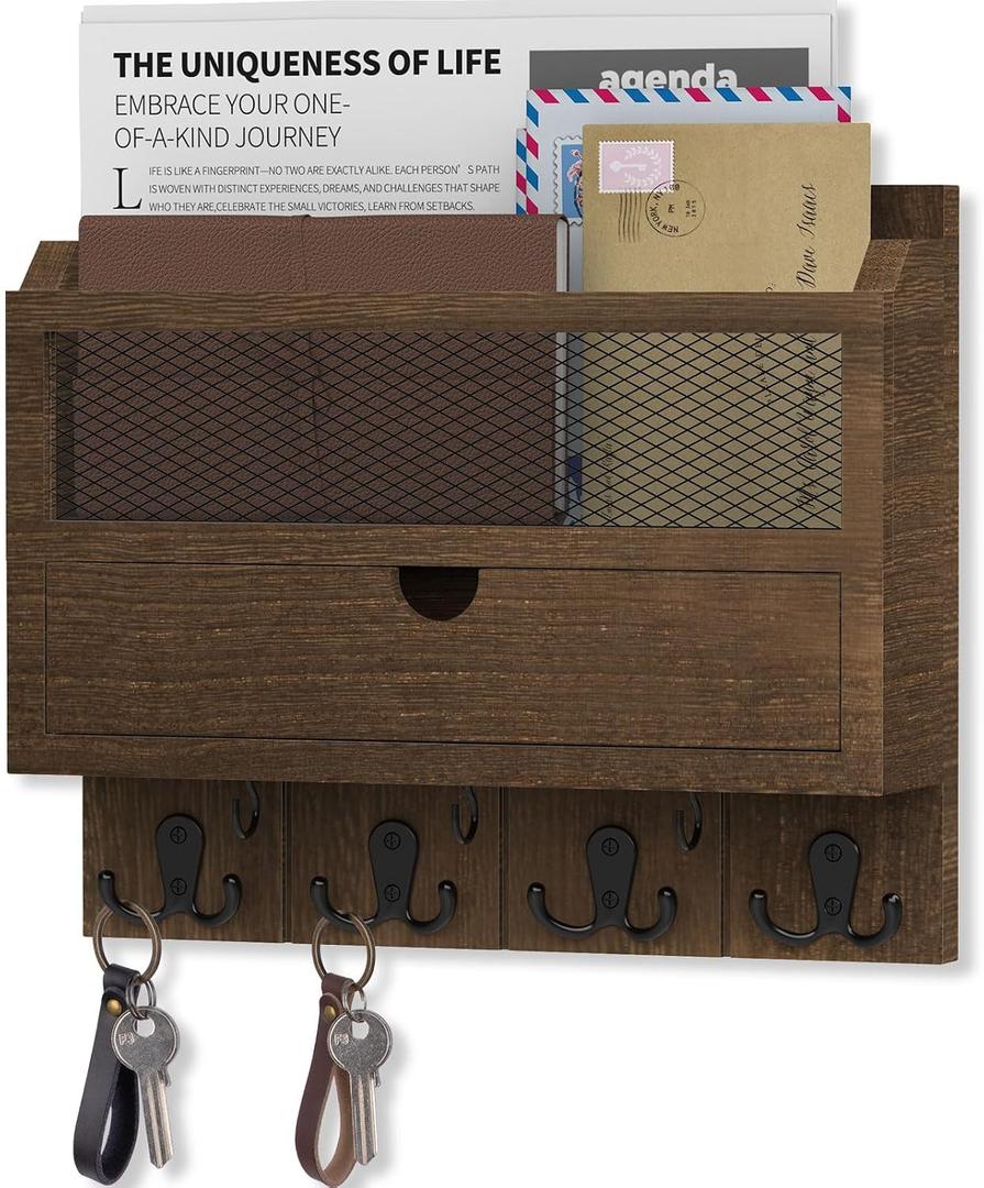Nekon Mail Organizer with Drawer for Wall, 12"W x 10"H x 3.1"D Mail Sorter Wall Mounted, Wooden Key Holder Wall File Organizer Letter Sorter for Letter Magazines (Brown)