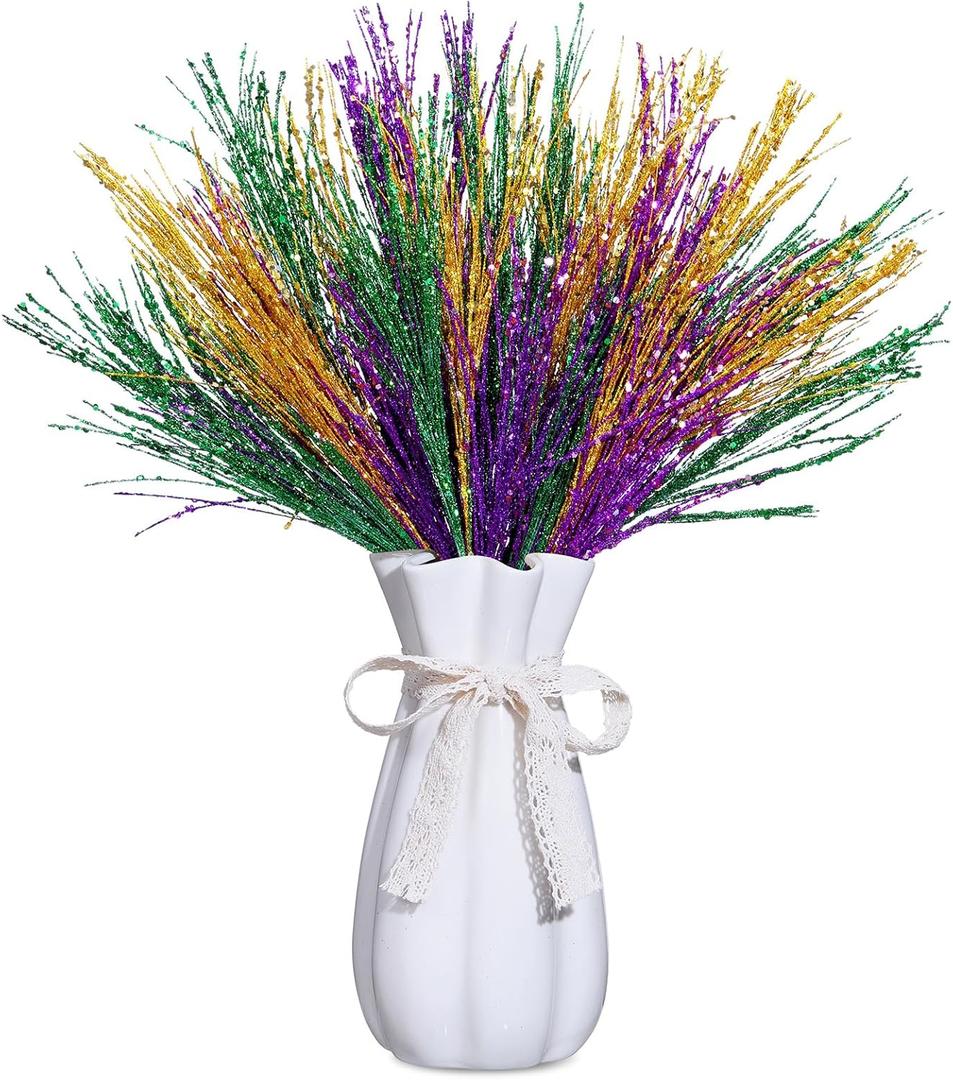Juinte 8 Pcs Mardi Gras Decoration Carnival Picks Ornaments Artificial Glitter Berry Stems Tree Decor 15.75 Inches Purple Green and Gold Branches for Mardi Gras Tree Table Party Decor (Grass)
