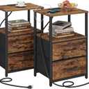 TUTOTAK End Table with Charging Station, Side Table with 2 USB Ports and Outlets, Nightstand with Cloth Drawer, Set of 2, Couch Table, Brown TB01BB052