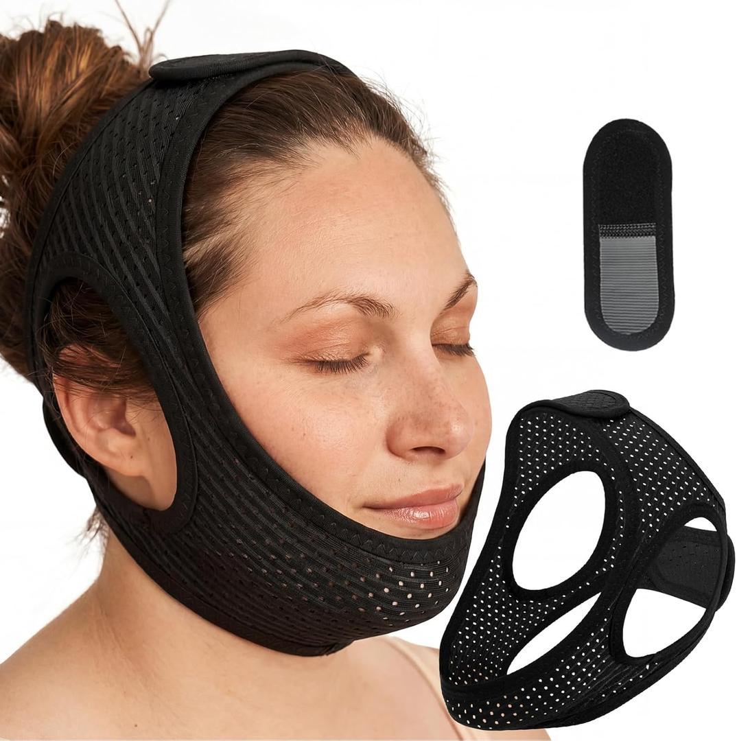 Sleep Apnea Devices - Chin Strap for Sleeping, Airflow Jaw Strap, Effective Anti Snoring Solution for Men and Women, Anti Snore Devices Breathable and Reusable (Black & 52CM & 1PCS