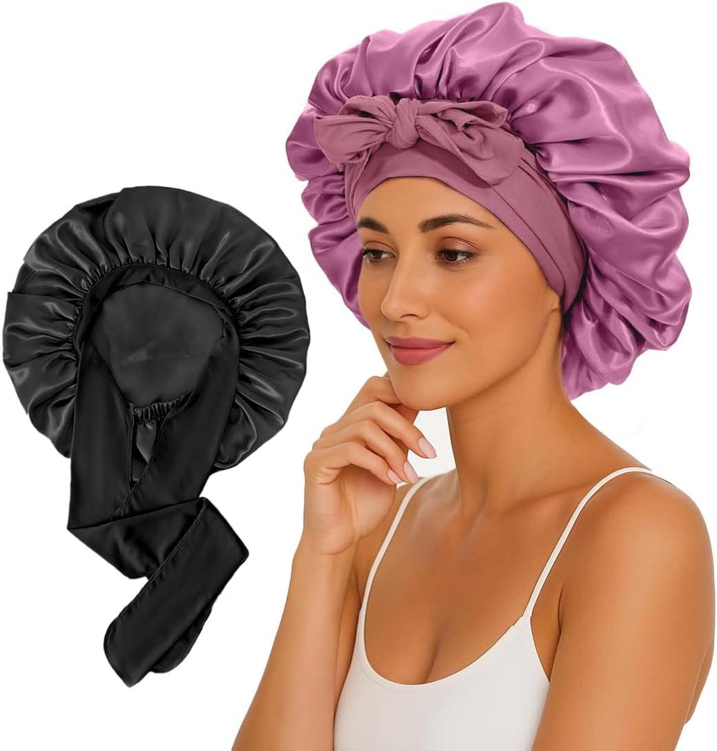 2 Pcs Large Satin Silk Bonnet for Sleeping Women, Adjustable Hair Bonnets for Sleeping with Tie Band, Silk Bonnet Sleep Cap for Curly Hair Long Braids (Black+Rose Pink)