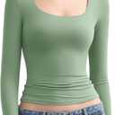 PUMIEY Women's Long Sleeve T Shirts Scoop Neck Slim Fit Going Out Tops Double Lined Basic Tee Smoke Cloud Collection, 2XL