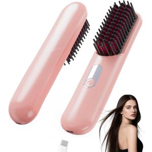 Cordless Hair Straightener Brush - Rizzrosa Portable Hot Comb for Travel, Mini Hair Straightener for Women, 4 Temperature Settings, Ideal for Camping, Office, Parties(Pink)