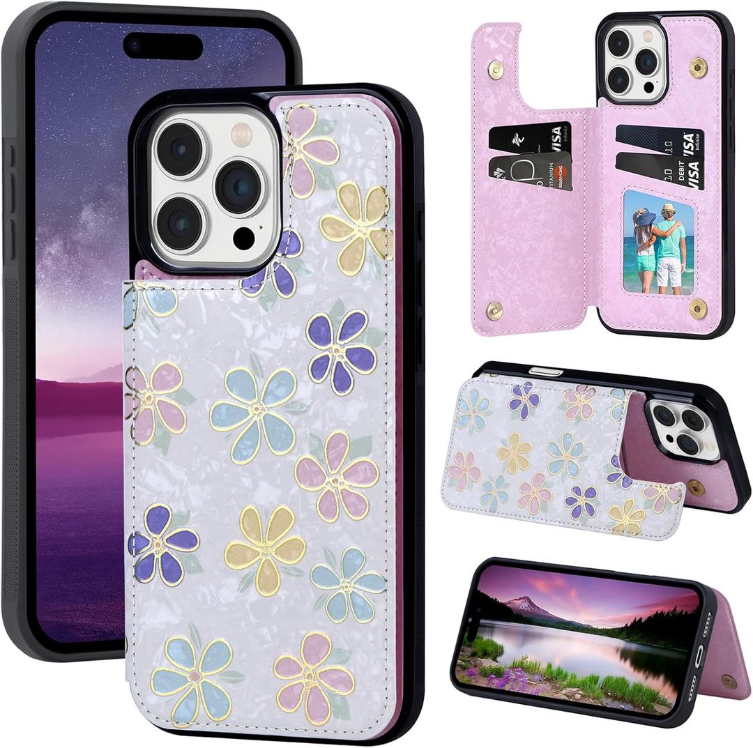 UEEBAI Wallet Case for iPhone 13 Pro Max with Card Holders, PU Leather Floral Cover Kickstand RFID Blocking Double Magnetic Clasp Rilievo Flower Flip Case for Women Girls - White Daisy