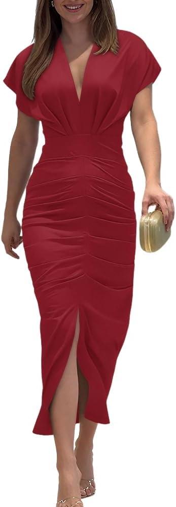 CHICME Summer Dresses for Women Floral Print Plunge V Neck Midi Dress Casual Ruched Slit Bodycon Party Dress (X-Large, Red)