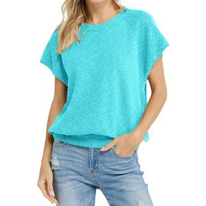 Saodimallsu Womens Short Sleeve Crewneck Sweater Summer Tops Casual Loose Knit Lightweight Basic Pullover Shirts (Blue)