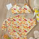 RoseSeek Girl's 3 Piece Bikini Set Floral Leopard O-Ring Swimsuit Beachwear (Yellow)