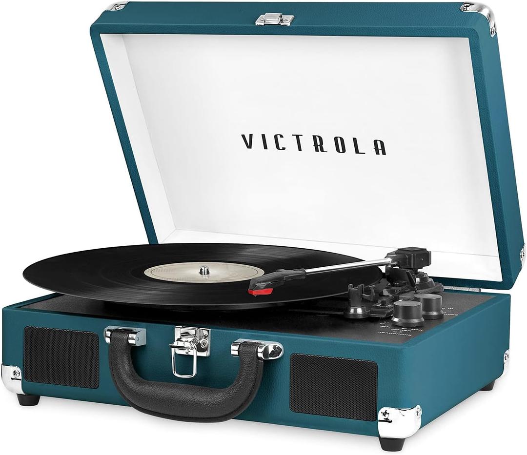 Victrola Journey Bluetooth Portable Suitcase Record Player  with Built-in Speakers, 3 Speed Vinyl Record Player, RCA Out, Headphone Jack (Blue Coral)