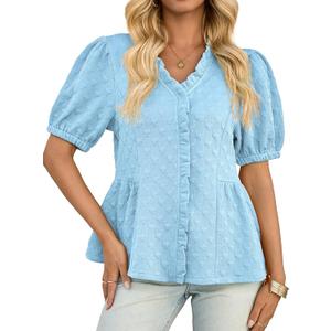 Cicy Bell Womens Peplum Puff Sleeve Tops Dressy Casual Summer Textured Blouses V Neck Ruffle Pleated Shirts (Medium, Sky Blue)