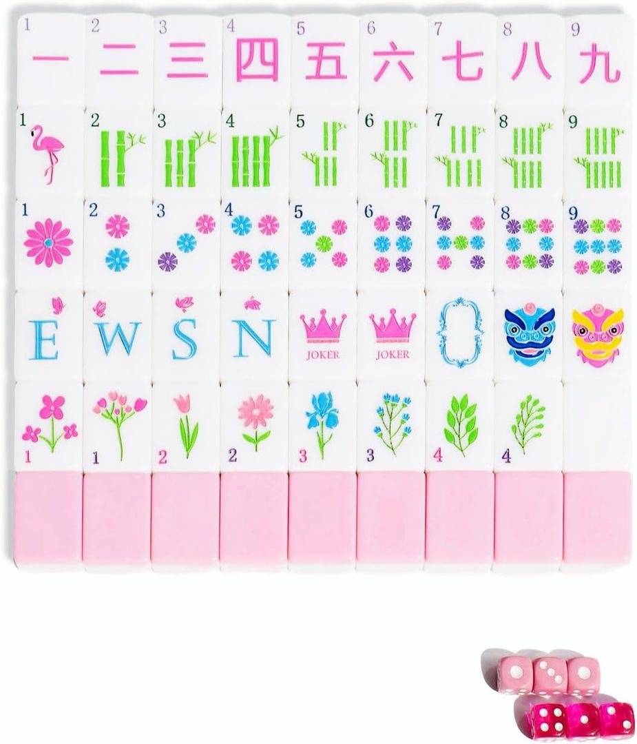 Mahjong Tile Set 160 1.2-inch Engraved Acrylic American Mahjong Tiles Game Set with Bag Cute Mini Mah Jongg Sets with Travel Bags Accessories Pink