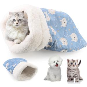Cat Sleeping Bag Bed, Winter Soft Plush Sack Self Warming Cave Bed for Indoor Cats, 360Wrap Comfortable Pet Snuggle Sack, Soft Plush Large - Size L (Blue)