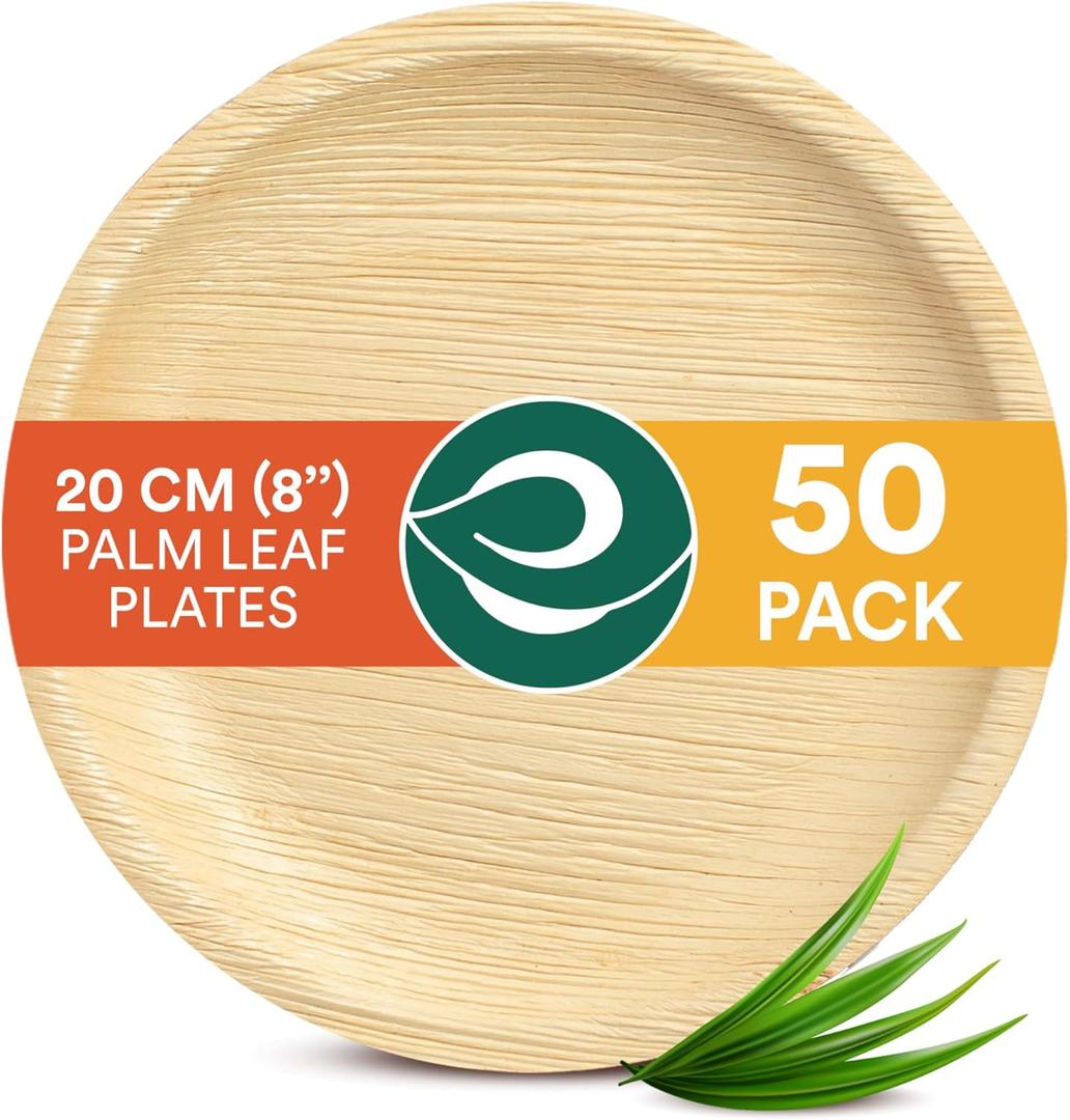 ECO SOUL Compostable 8 Inch Palm Leaf Round Plates (50 Count) Like Bamboo Plates | Biodegradable | Eco-Friendly, Microwave & Oven Safe