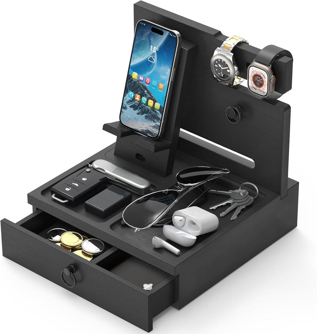 Wood Phone Docking Station, Nightstand Organizer with Drawer, Bedside Table Organizer for Watch & Accessories, Christmas Anniversary Birthday Gifts for Men,Dad,Husband (Classic Black)