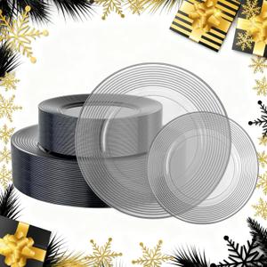 FLOWERCAT 100PCS Clear Black Plastic Plates Disposable Plates for Christmas Party/New Year - Heavy Duty Plastic Plates - 10" &7" Plate for 50 Guests New Year Parties and Events (Smoke Gray)