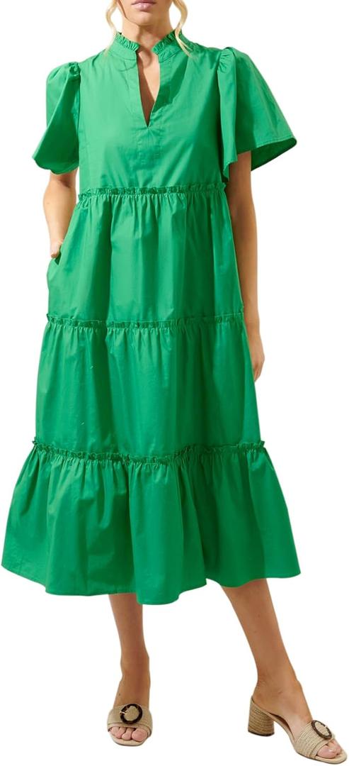 Women's V Neck Tiered Midi Dress Casual Short Sleeve Ruffle Flowy Summer Beach Vacation Long Dress (Green)