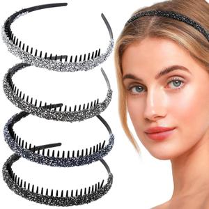 4 PCS Rhinestone Headbands for Women Girls Sparkle Crystal Hair Band Fashion with Teeth Non Slip Hair Hoop Glitter Head Bands Comb Wedding Party Birthday Hair Accessories Silver, Black, Gray, Blue