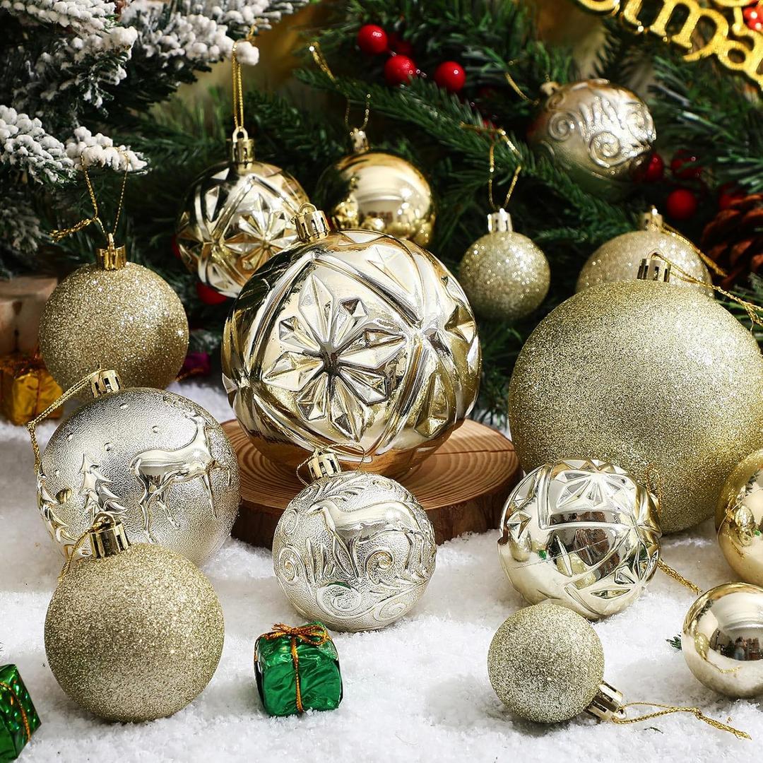 Soulchen 4 Size Light Gold Christmas Balls Ornaments Set 32 Pcs 1.57", 2.36", 3.15", 4" Shatterproof Hanging Xmas Balls Assorted Electroplate Christmas Decor for Valentines Day Holiday New Year Decor