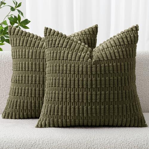 MIULEE Pack of 2 Spring Corduroy Decorative Throw Pillow Covers 20x20 Inch Soft Boho Striped Pillow Covers Modern Farmhouse Home Decor for Summer Sofa Living Room Couch Bed Olive Green