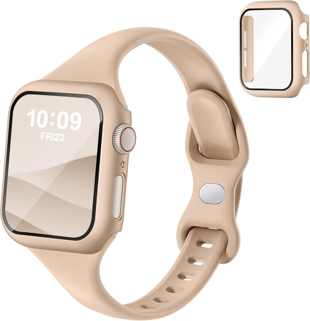 Thin Slim Band and Case Compatible for Apple Watch Bands Women Men 40mm 44mm 42mm 46mm 41mm 45mm, Silicone Sport Strap Cover and Screen Protector for iWatch Series 11/10/9/8/7/6/5/4/SE 3 (Milk Tea)