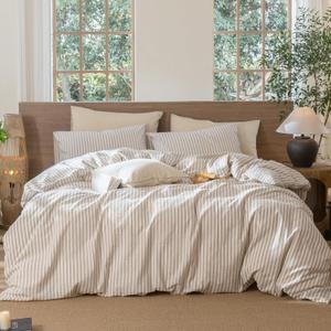 MooMee Striped Duvet Cover Set 100% Washed Cotton Linen Like Textured Breathable Durable Soft Comfy (Tannish Linen Grey White Classic Stripes, Queen 90"x90")