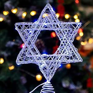 Star of David Hanukkah Christmas Rattan Tree Topper with Warm White LED String, Wire Weaving, Battery Powered, 7'' Star Tree Topper for Chanukah, Diwali, Birthday, Wedding, Parties & Home