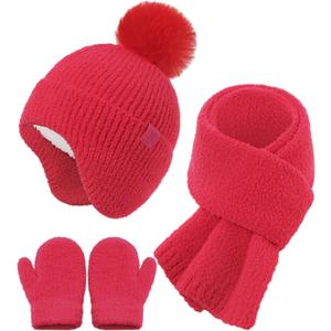 Toddler Hat and Gloves, Baby Beanie Scarf Neck Gaiter Mittens Sets for 0-6 6-12 Months 2t-4t, Kids Winter Hat with Ear Flaps (One Size, Carmine)