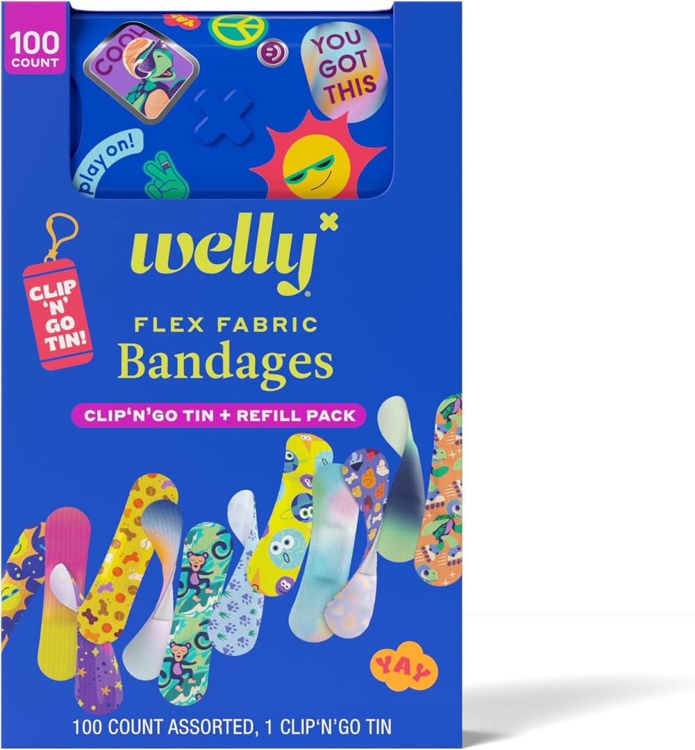 Welly Bandage Clip N' Go Tin & Refill Pack | Adhesive Flexible Fabric Bandages and Tin | Assorted Shapes and Patterns for Minor Cuts, Scrapes, and Wounds - 100 Count