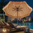 CroBlissful 10 Ft Solar Tiki Umbrella, 32 LED Lights Patio UPF 50+