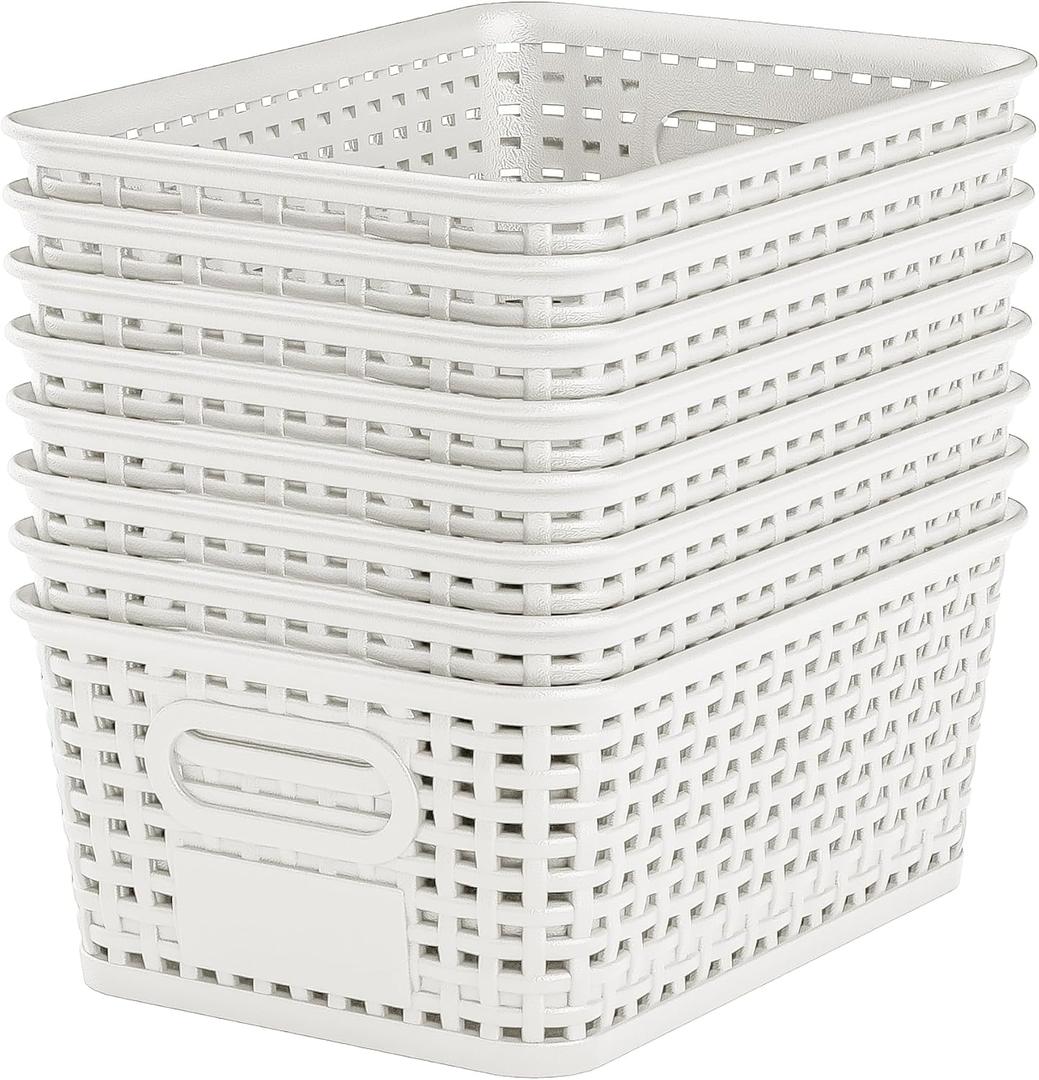White Plastic Storage Baskets - Pack of 8 with Labels Stackable Durable Storage Bins, Storage Containers for Organizing Desktops, Closets, Playrooms, Classrooms, Offices