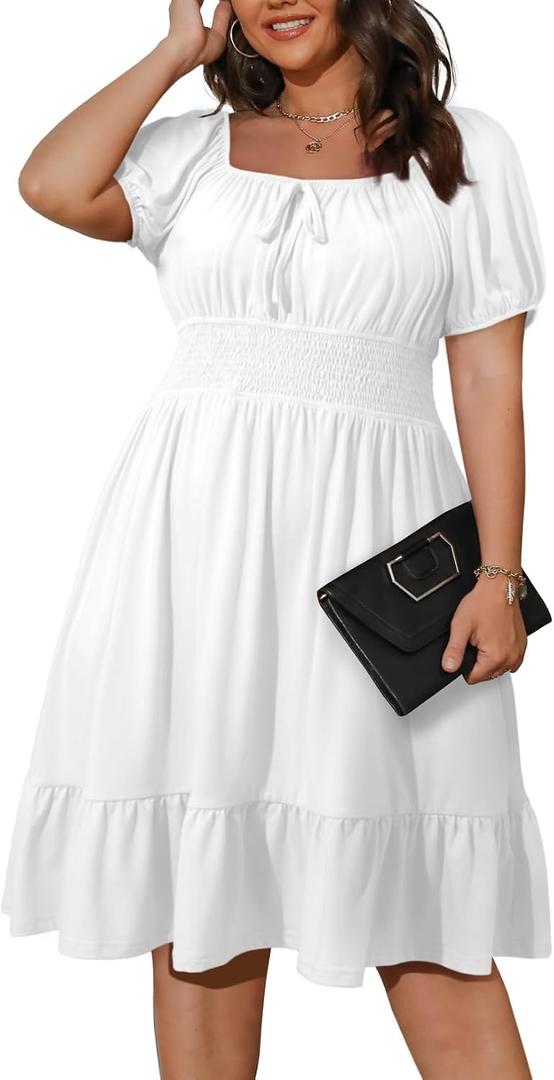 Eytino Plus Size Dress for Women Short Sleeve Square Neck Casual Mini Short Dresses Beach Vacation (2X, White)