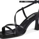 Kitten Heels for Women - Square Open Toe Strappy Heeled Sandals with Ankle Strap - Wedding Dress Heels (Black) 7.5