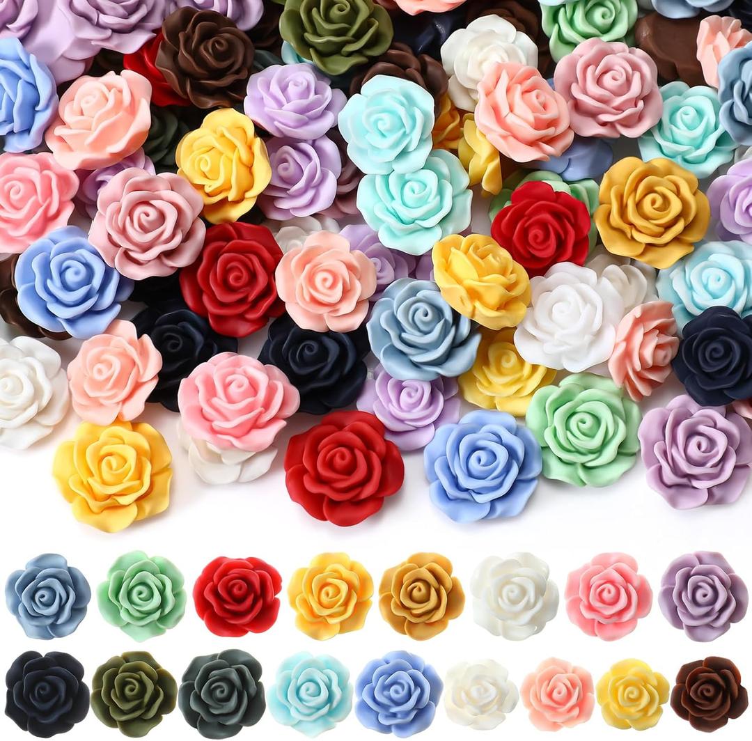 Giegxin 200pcs Flatback Resin Rose Flower Charms Flower Beads Cabochons 17mm 20mm Undrilled Random Mixed Colors Charms Floral Decor for DIY Craft Phone Case Scrapbooking Necklace Hair Clip Decor