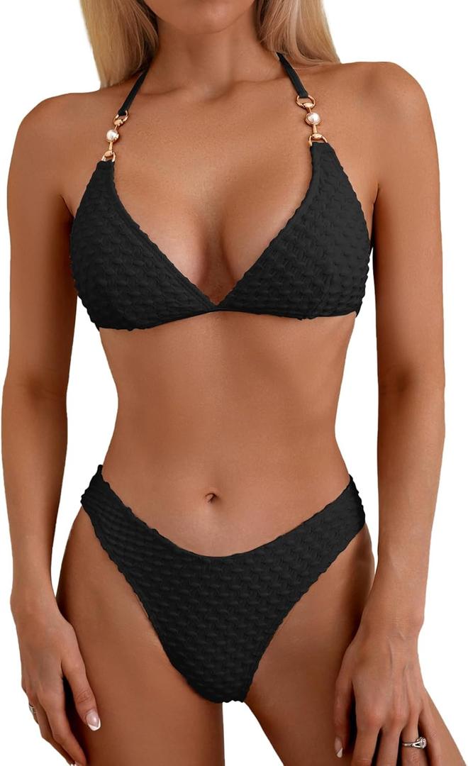 swimall Women's Triangle Bikini Set Cheeky High Cut Sexy Two Piece Swimsuit Cute Halter Bathing Suit (Medium, Black)