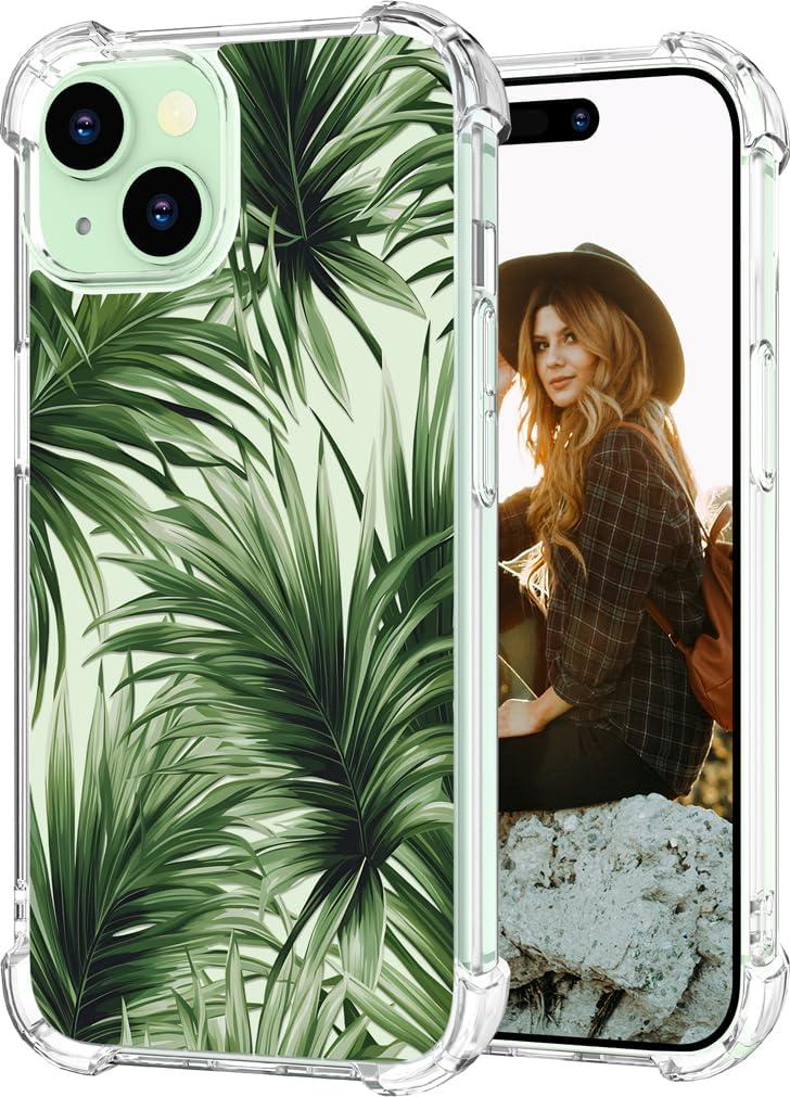 Hungo Compatible for iPhone 15 Case for Women Clear Design Cute,Girly Girls Aesthetic Designer Green Palm Leaves Tropical Plants Summer Pattern