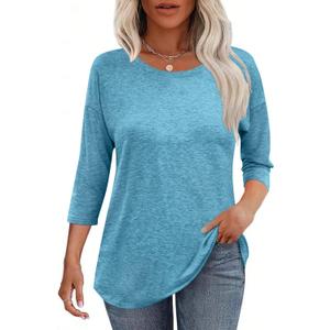 Kancystore Womens 3/4 Length Sleeve Tops Casual Loose Fit Tunic Shirts Crewneck Basic Tees (Blue, M)