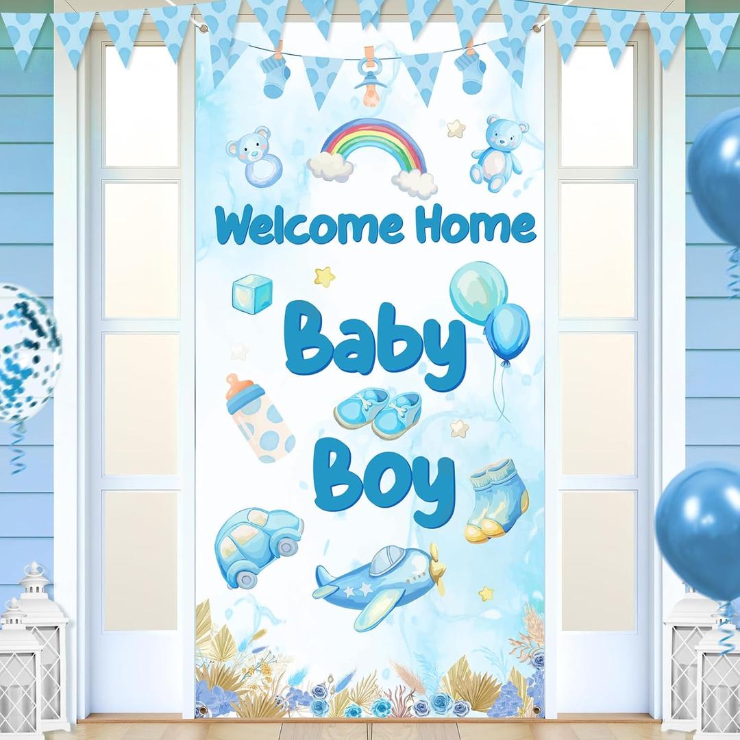Welcome Home Baby Boy Banner Decorations Welcome Baby Boy Door Cover Banner Boho Rainbow Baby Shower Decorations for Gender Reveal Party Supplies (blue)