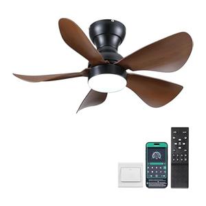 Ceiling Fans with Lights, 46 inch Modern Low Profile Ceiling Fan with Light and Remote App Control, Flush Mount, Quiet DC Reversible, Dim Led Ceiling Fan for Bedroom Kitchen Indoor/ Outdoor Patio Brown
