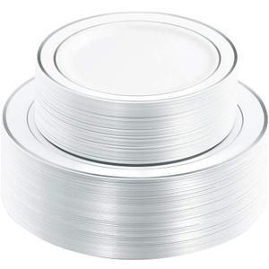 I00000 102pcs Silver Plastic Plates, Disposable Plastic Party Plates with White Silver Rim Fancy Wedding Party Plates Include 51 Dinner Plates 10.25" and 51 Dessert Appetizer Plates 7.5"