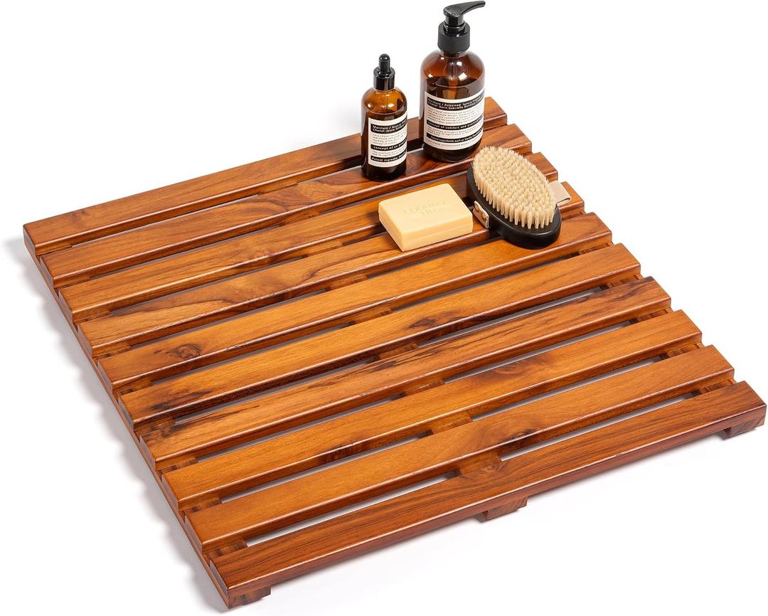 Teak Shower Mat - Premium Non-Slip Bath Mat for Bathtub & Shower, Natural Wooden Bathroom Floor Mat, Spa-Style Fast-Drying Bathtub Tray, Solid Teak Wood (20"x20")