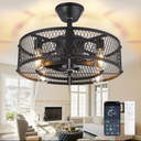 DLLT Caged Ceiling Fan with Light: 20" Farmhouse Fandelier with Lights and Remote & APP - Black Rustic Semi Flush Mount Bladeless Ceiling Fans Enclosed Fan for Bedroon Kitchen Living Dining Room