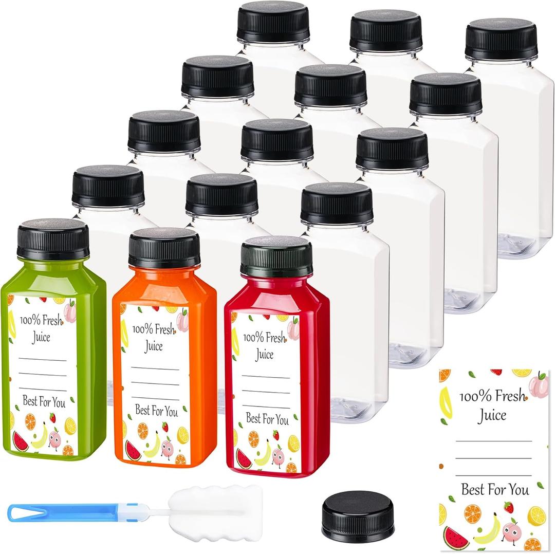 Juice Bottles with Caps15Pcs 8oz, Plastic Bottles with Caps, Clear Reusable Water Bottle, Juice Containers - with 15Pcs Labels & Bottle Brush