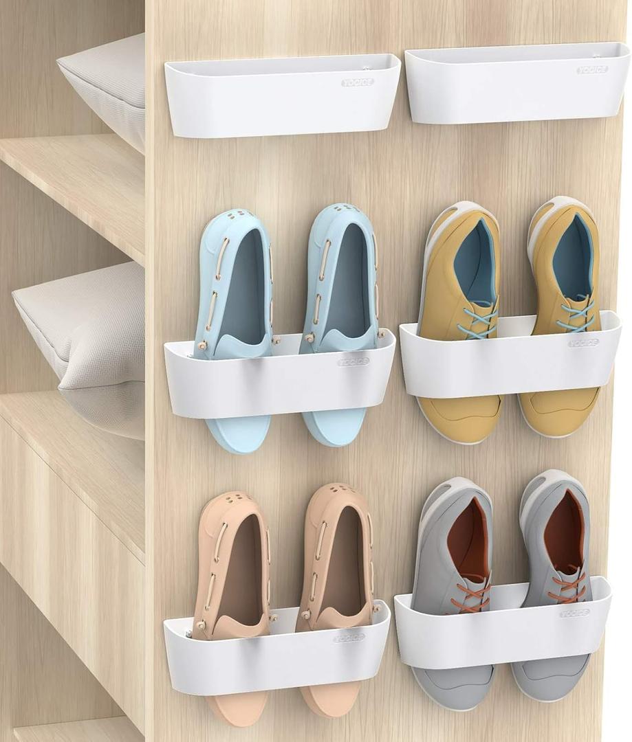 Wall Mounted Shoes Rack 6Pack with Sticky Hanging Strips, Plastic Shoes Holder Storage Organizer, Door Shoe Hangers (SM03-White-6)