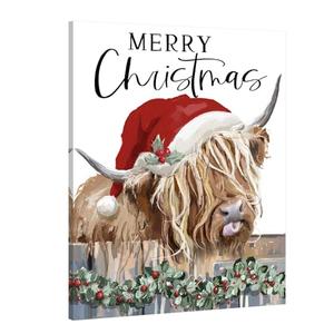 Christmas Highland Cow Wall Decor:Merry Christmas Canvas Wall Art Cow Pictures Farm Animal Prints Xmas Holiday Decorations Farmhouse Country Wall Hangings Paintings for Living Room 12x15 Inch, 3 Pack