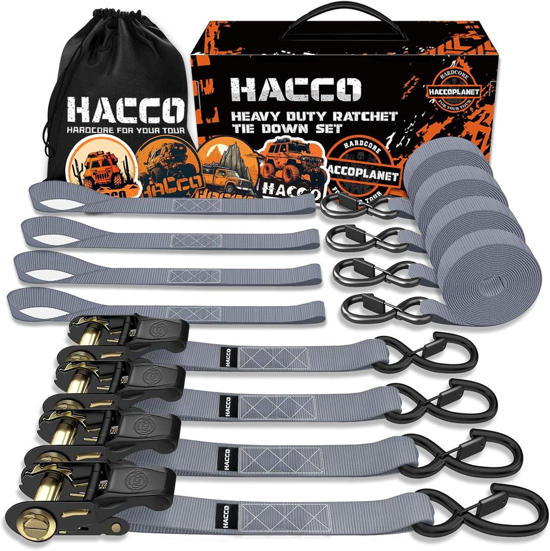 Haccoplanet Ratchet Tie Down Straps, 2340lb Break Strength, 4pc 1inch x 16FT Tie Down Strap Set with Padded Handles & Coated S Hook W/Safety Clip, Cargo Strap Tie Down for Motorcycle, Truck (Grey)