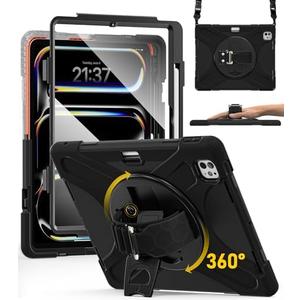BRAECN for iPad Pro 13 inch Case 2024 M4 Heavy Duty Shockproof Protective with Pencil Holder Screen Protector 360°Rotating Stand Handle & Shoulder Strap Full Body Cover Kids Friendly