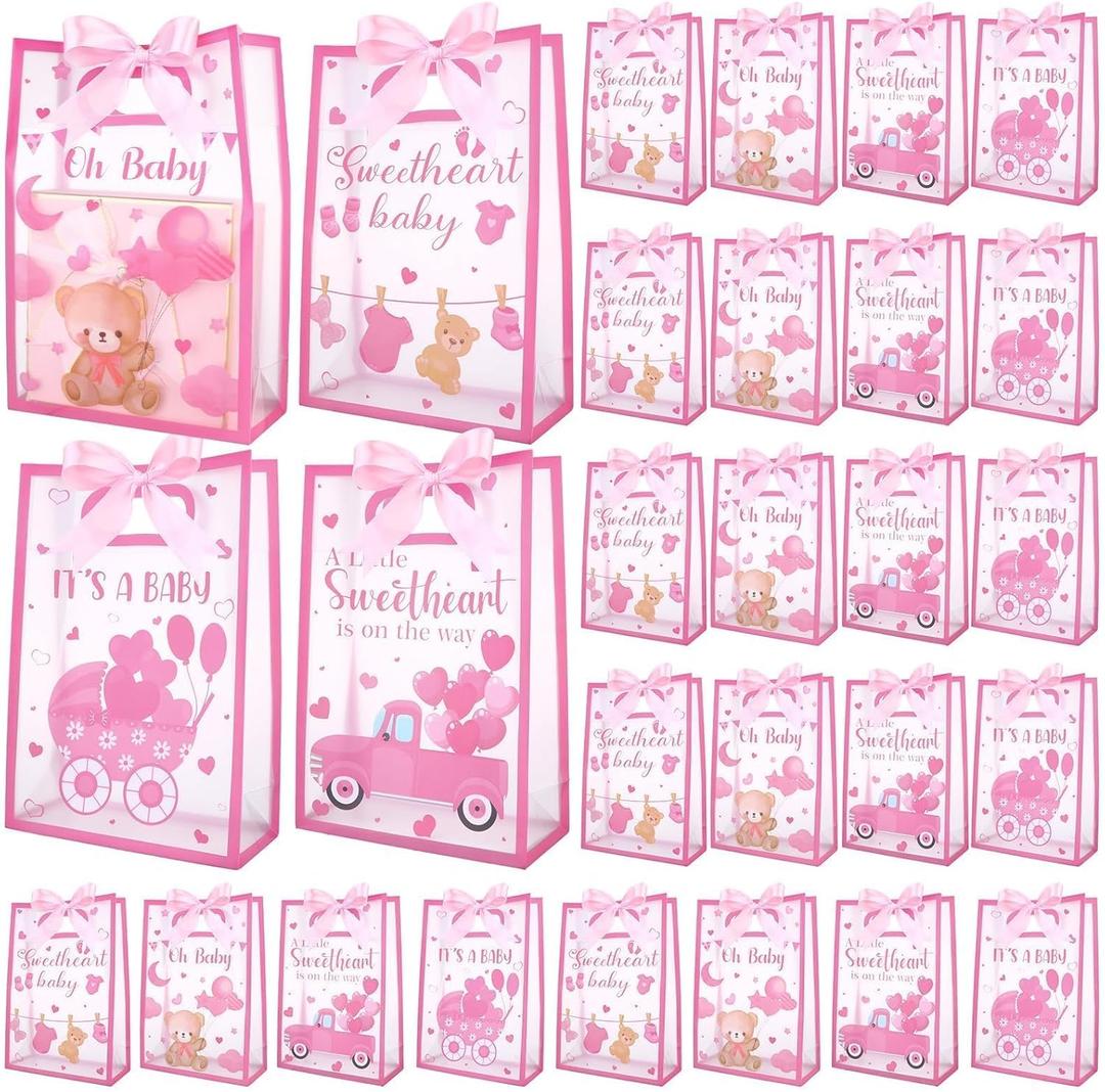 WZSTNBLA 24Pcs Valentines Gifts Bags Baby Shower Gifts Bags with Ribbons PVC Goodies Treat Tote for Birthday A Little Sweetheart is On The Way Party Supply Baby Shower Gender Reveal