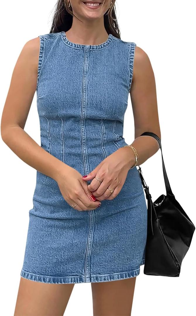 Wenrine Womens Denim Mini Dress Casual Sleeveless Crewneck Summer Jean Tank Dresses (Small)
