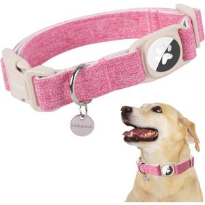 DOGWONG Airtag Cotton Hemp Dog Collar, Heavy-Duty Dog Collar with Airtag Holder Pink Natural Fabric Pet Collars for Small Medium Large Dogs