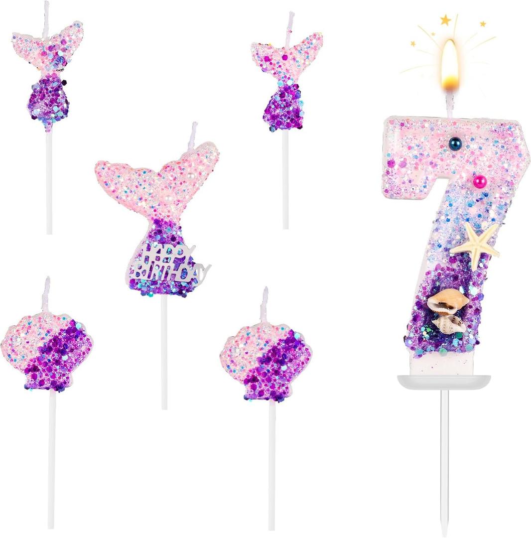 Mermaid Number Candles, 6pcs Mermaid Cake Topper Shell Sequins Numeral Candle Pink Purple Table Centerpieces for Birthday Cake Themed Party Anniversary Wedding Decoration(Number 7)