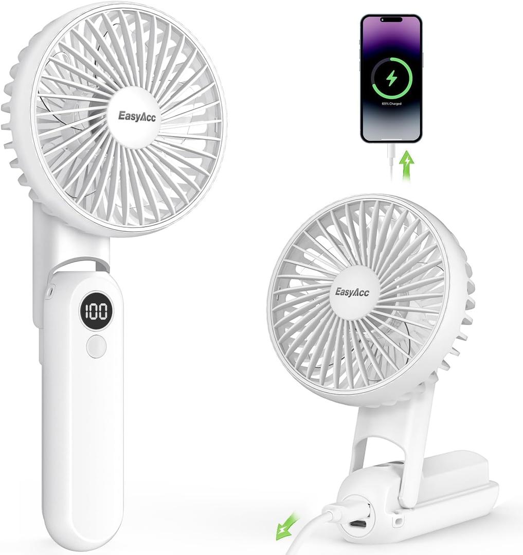 EasyAcc 3 IN 1 Hand Fan,Portable Fan for Travel,5000 Battery Handhedl Fan [Ultra Quiet Powerful]-5 Speeds/Backup Power/SOS Light/Digital Display/Lanyard- for Travel/Cruise/Summer/Concerts/Lash White